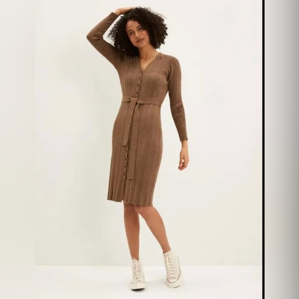 Frank & Oak Ribbed Long Sleeve Belted Midi Dress — Brown
